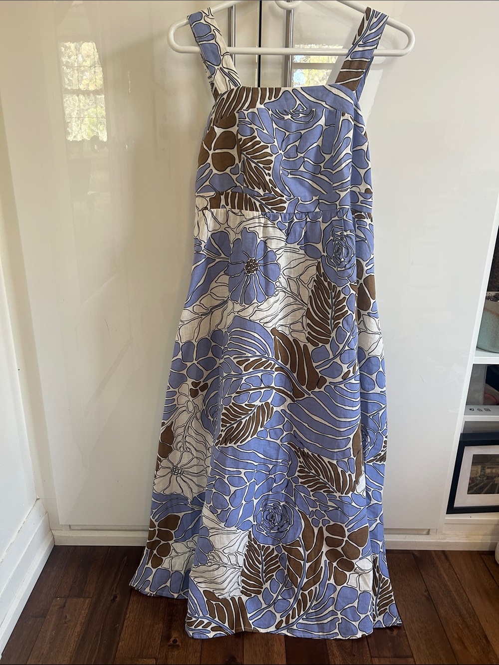 Floral A-Line Maxi Skirt Dress in Blue, Brown & White